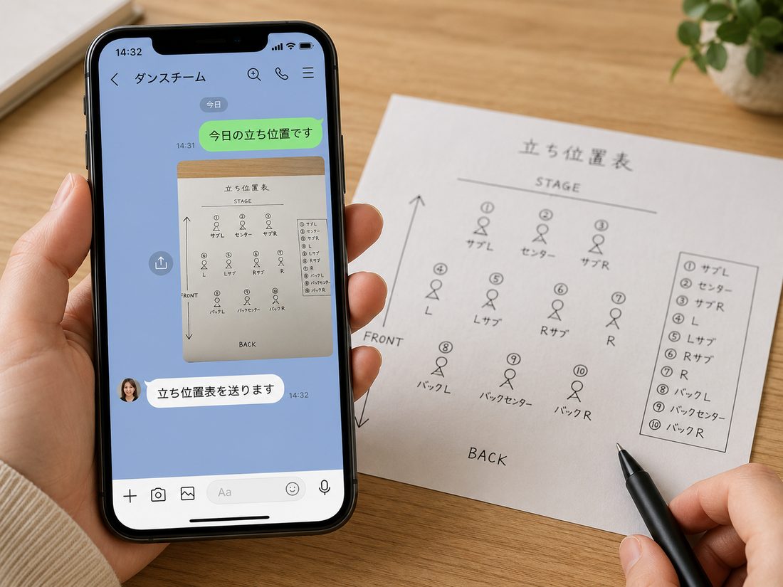 紙とLINEで立ち位置を管理する様子