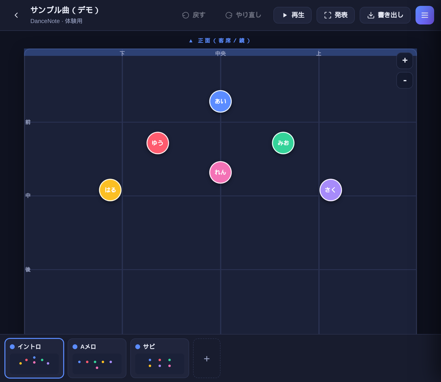 Formyの編集画面：ステージ盤面に色付きのダンサーを配置